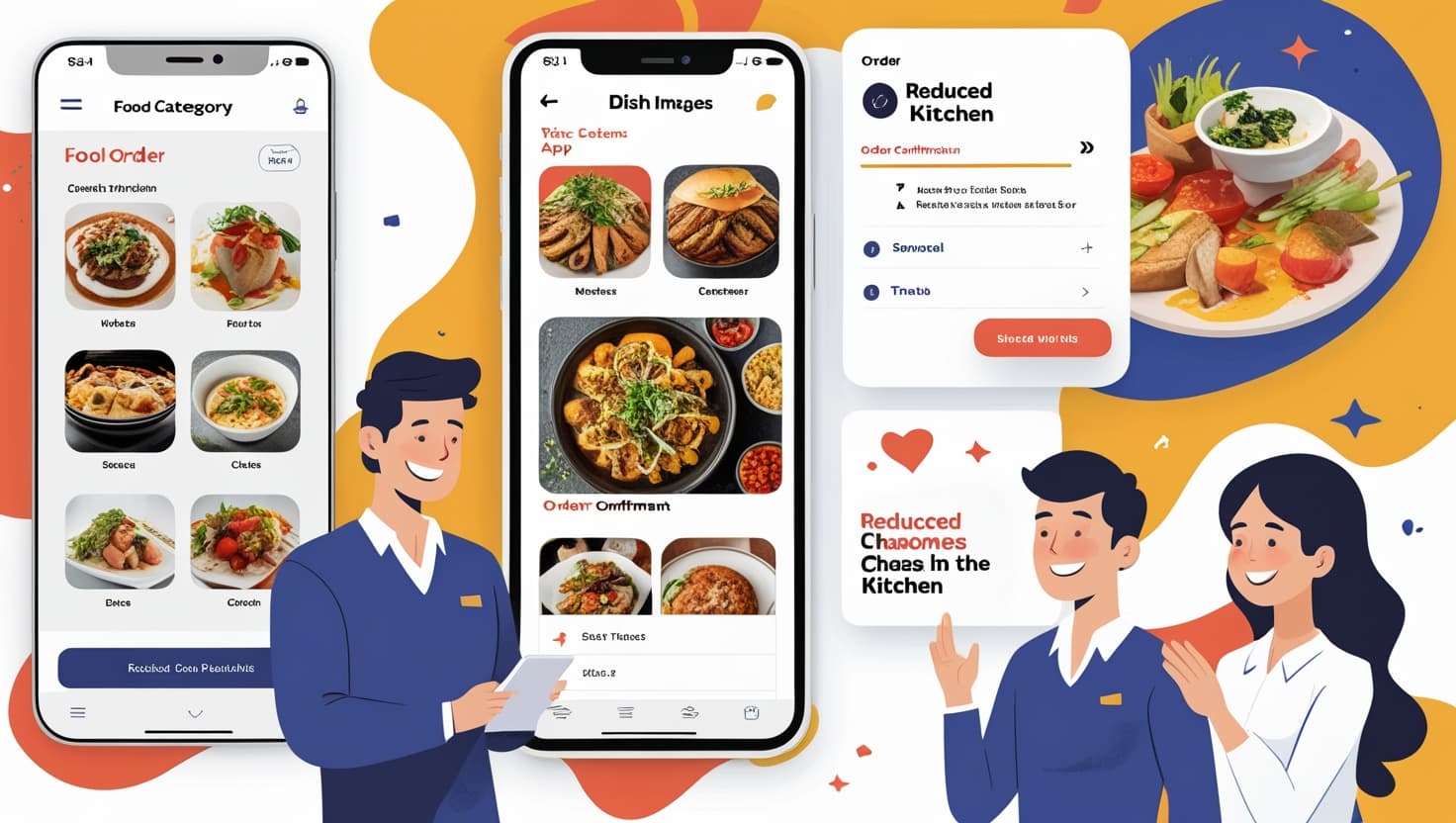Ilustración colorida de una aplicación móvil de pedidos de comida, con tres pantallas de smartphone.