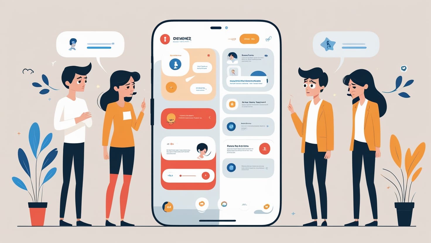 Ilustración de dos parejas de personas observando una interfaz de aplicación móvil gigante con diseño de chat o centro de soporte.